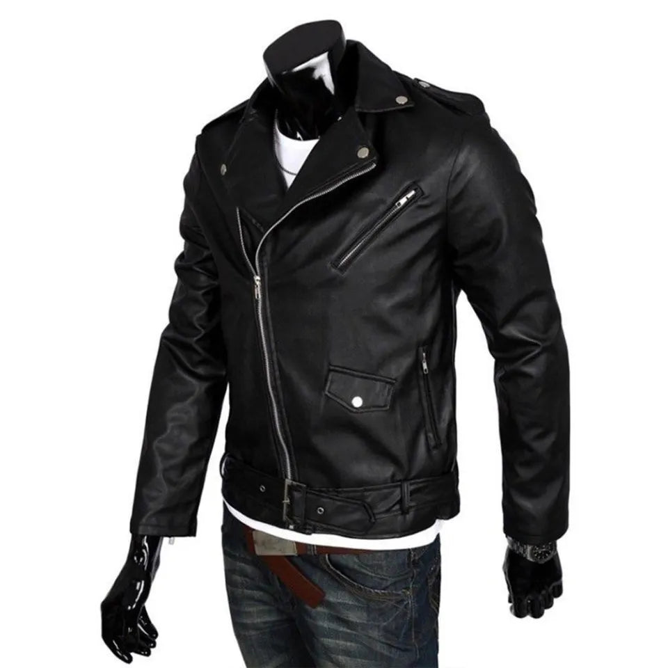 Men Leather Jacket Slim Fit Motorcycle Jacket Zipper Casual Coat Spri